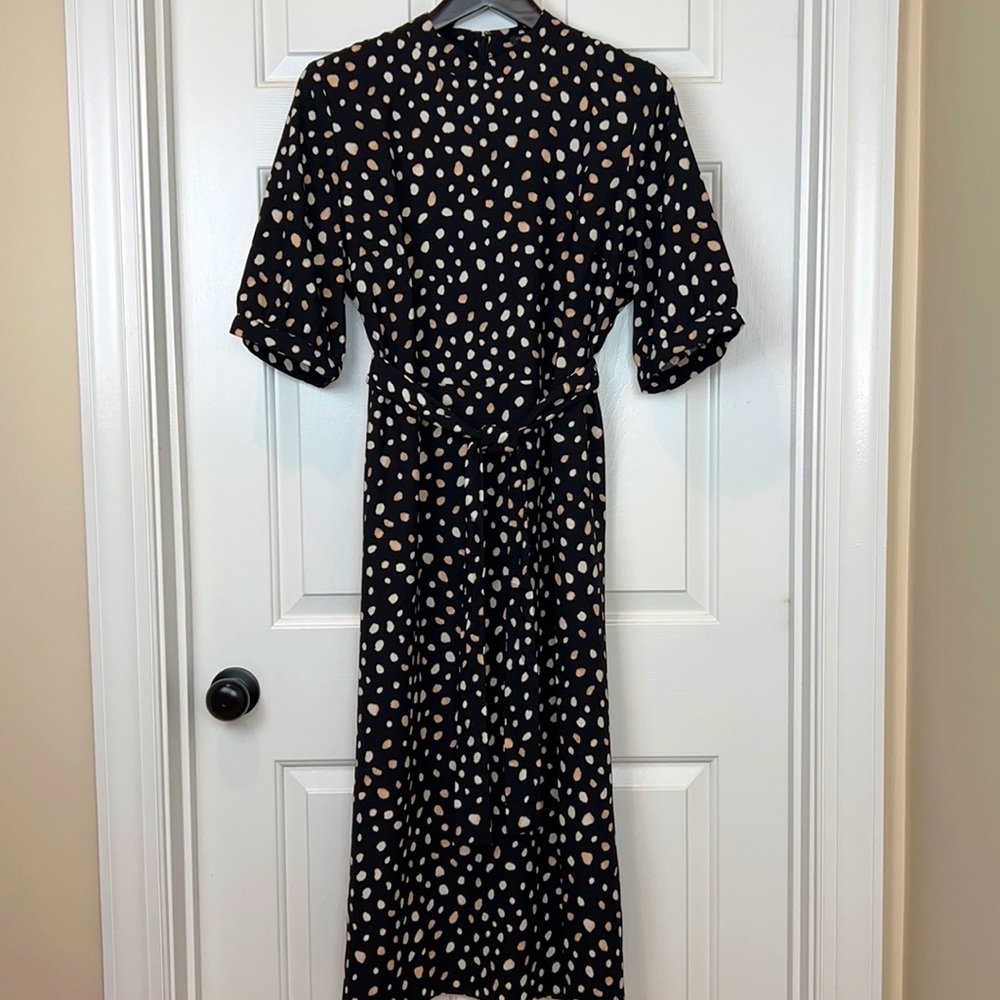 NWOT Ann Taylor Animal Print Short Sleeve Midi Dress Size 16 Black, Tan, Cream